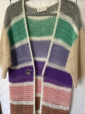 Anthropologie Eliza Colorful Pastel Crochet Knit Shawl Cardigan💐